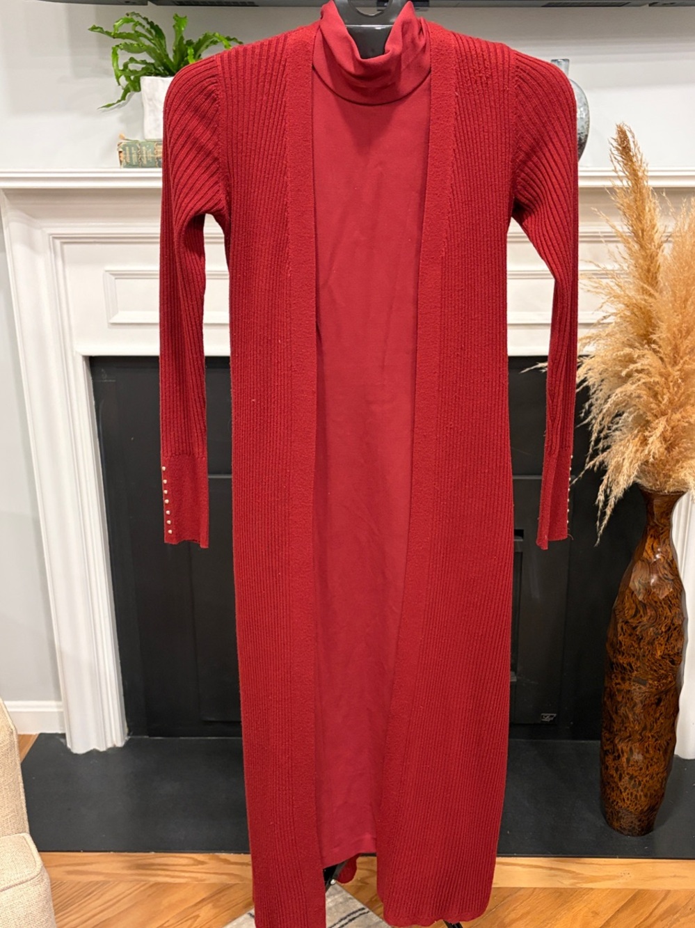 Deep Garnet Red Mockneck Dress with Coordinating Ribbed Long Cardigan Duster